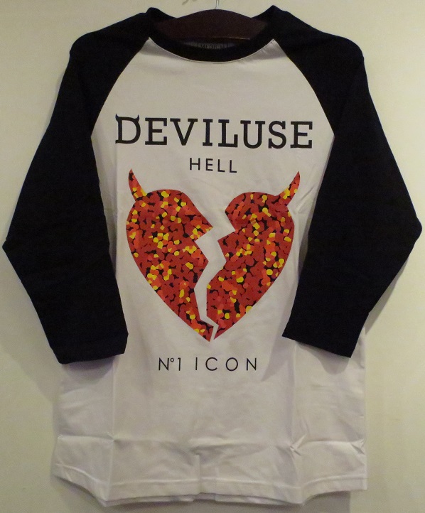 【中古】Deviluse/デビルユース/Bling Heart Baseball T-shirts/サイズ：M/WHITE/ホワイト/白色系/BLACK/ブラック/黒色系/DEVIL-1906M/プリント/ラグラン/Tシャツ/ストリート/スケーター/パンク/ロック/バンド/メンズ/男性/紳士/トップス/インナー【米子店】