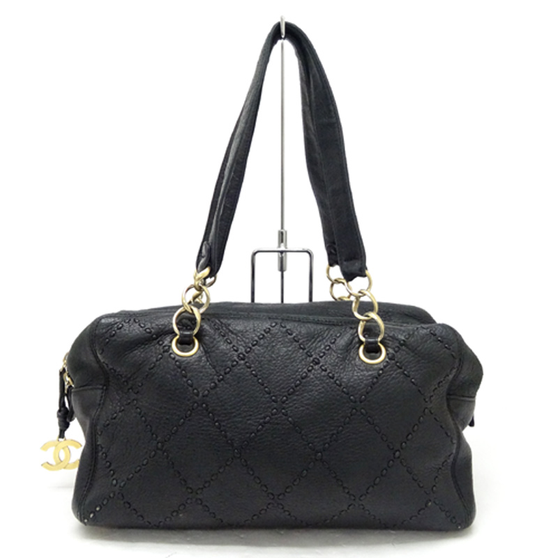 【中古】CHANEL(シャネル) レザー 「ダイヤステッチ」 ブラック ショルダー/ハンド/ミニボストン《バッグ/かばん/鞄》【山城店】