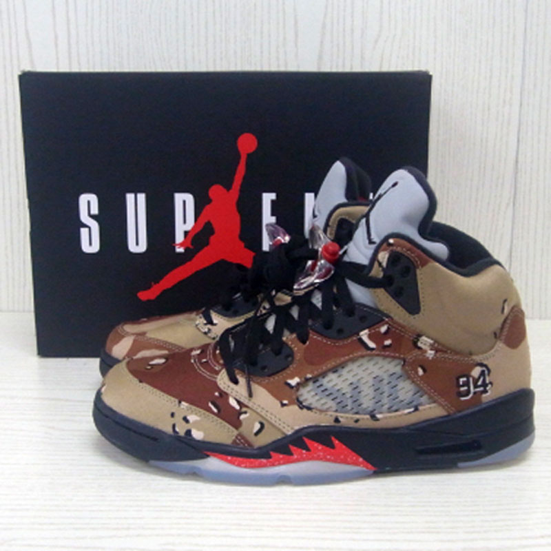 【中古】Supreme × NIKE/AIR JORDAN 5 RETRO/シュプリーム×ナイキ/エア ジョーダン ファイブ レトロ/824371-201/27.5ｃｍ/国内正規品/色：迷彩/15AW/コラボ/デザートカモ/未使用品/ストリート/スニーカー/靴/シューズ【山城店】