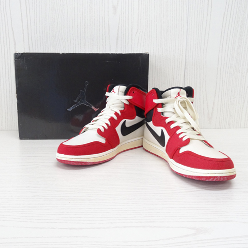 【中古】NIKE/ナイキ/AIR JORDAN 1 RETRO KO HI/エア ジョーダン ワン レトロ ケーオー ハイ/402297-101/29cm/カラー：WHITE/BLACK-VARSITY RED/色：白/赤/黒/2009年製/復刻/USED加工/キャンバス/ハイカット/靴/シューズ【山城店】