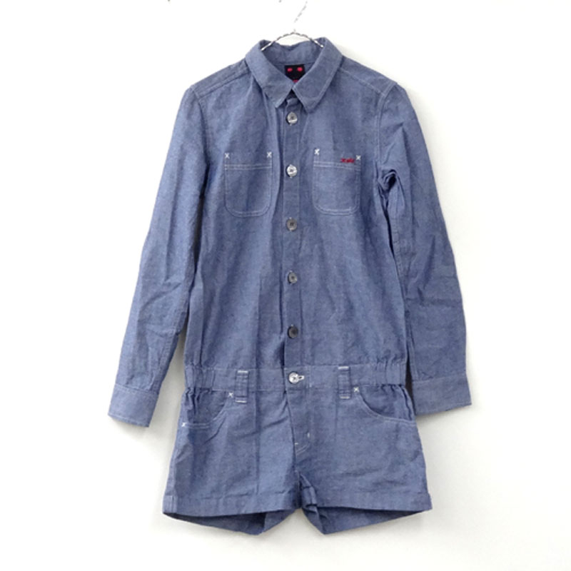 【中古】X-girl/CHAMBRAY SHIRT ALL IN ONE エックスガール/シャンブレー シャツ オールインワン/品番：0503902/サイズ：2/カラー：ネイビー系/ストリート/つなぎ/ショートパンツ/人気【山城店】