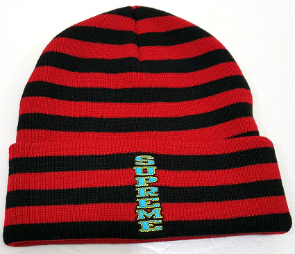 【中古】Supreme シュプリーム 16AW Vertical Logo Striped Beanie ビーニー 赤黒 レッド×ブラック ボーダー   【福山店】