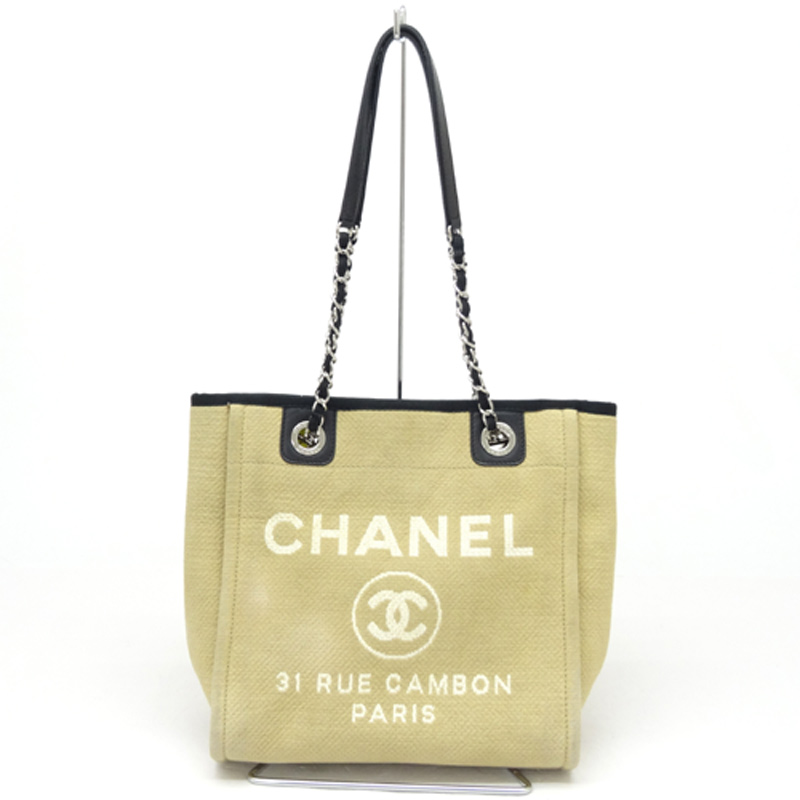 【中古】CHANEL(シャネル)「ドーヴィル PM」 ベージュ×ブラック A66939 チェーントート/トート/ショルダー《バッグ/かばん/鞄》【山城店】