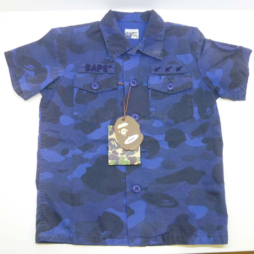 【中古】BAPE ベイプ KID'S 半袖カモフラージュ柄シャツ ブルー 120cm【橿原店】