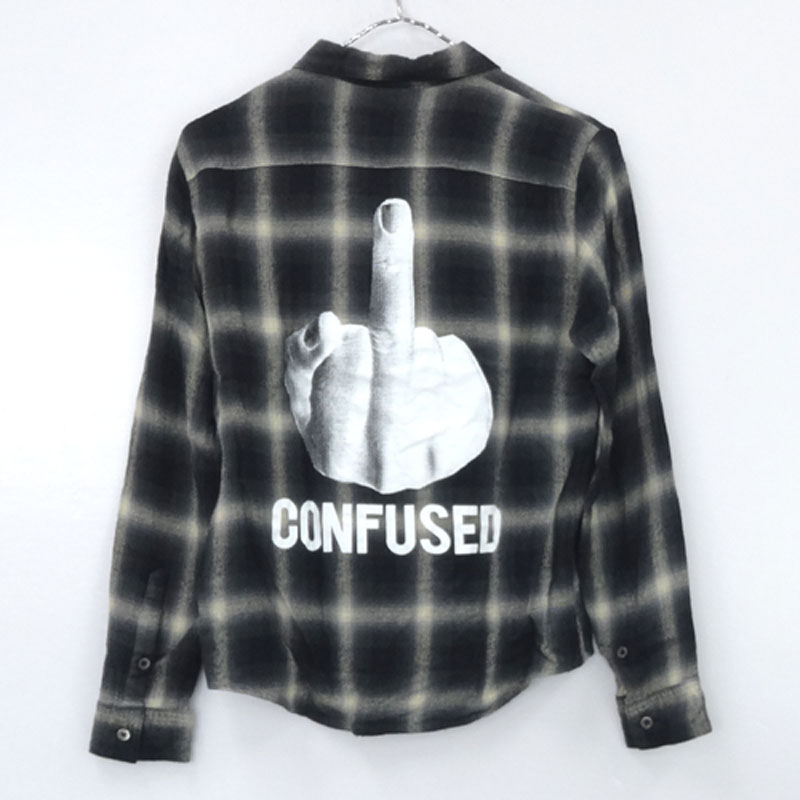 【中古】CHRISTIAN DADA FUCK CONFUSED SHIRT クリスチャンダダ/チェック/ネルシャツ/国内正規品/サイズ：44/カラー：グレー系/長袖/プリント/ドメスティック【山城店】