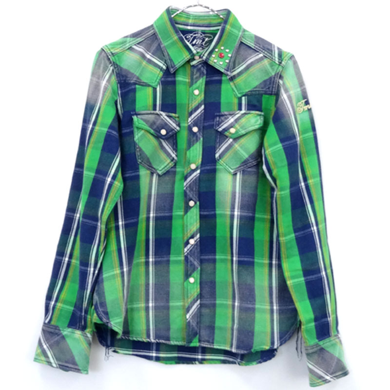 【中古】TMT L/S CHECK SHIRT ティーエムティー 長袖 ウエスタン チェックシャツ/TSH-F14EC05/サイズ：S/カラー：GREEN/ドメスティック/サーフ/スタッズ【山城店】